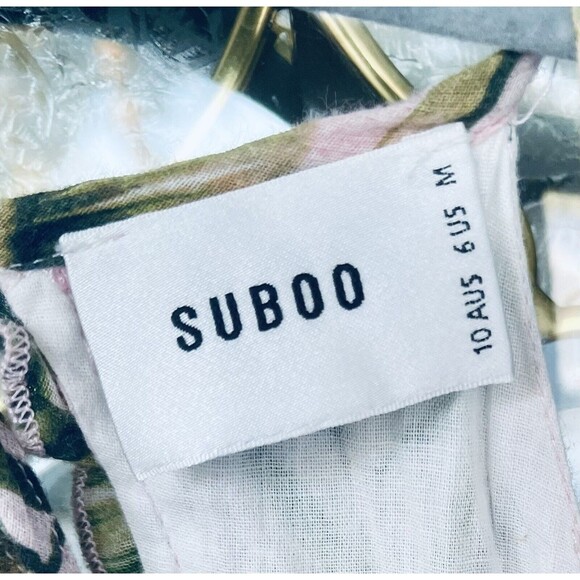 SUBOO SEXY CHIC PINK GREEN PALM PRINT HIGH NECK PLAYSUIT ROMPER HALTER SZ6 - Picture 7 of 11